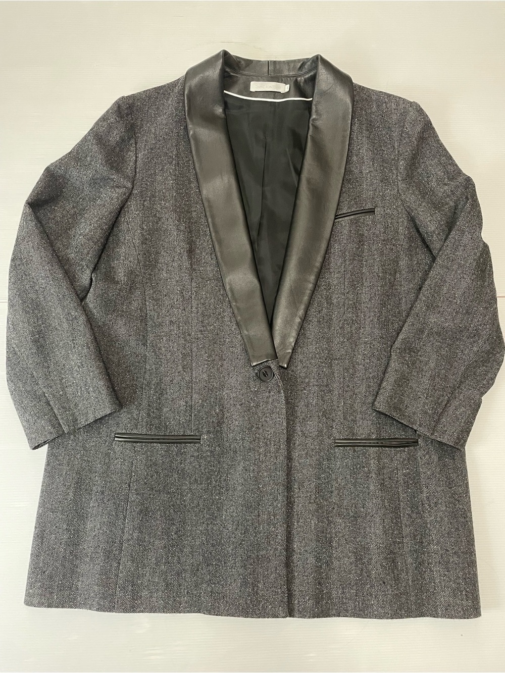 Anne Fontaine Mathias Blazer Black Gray Wool & Lamb Leather  EU 44 US 12